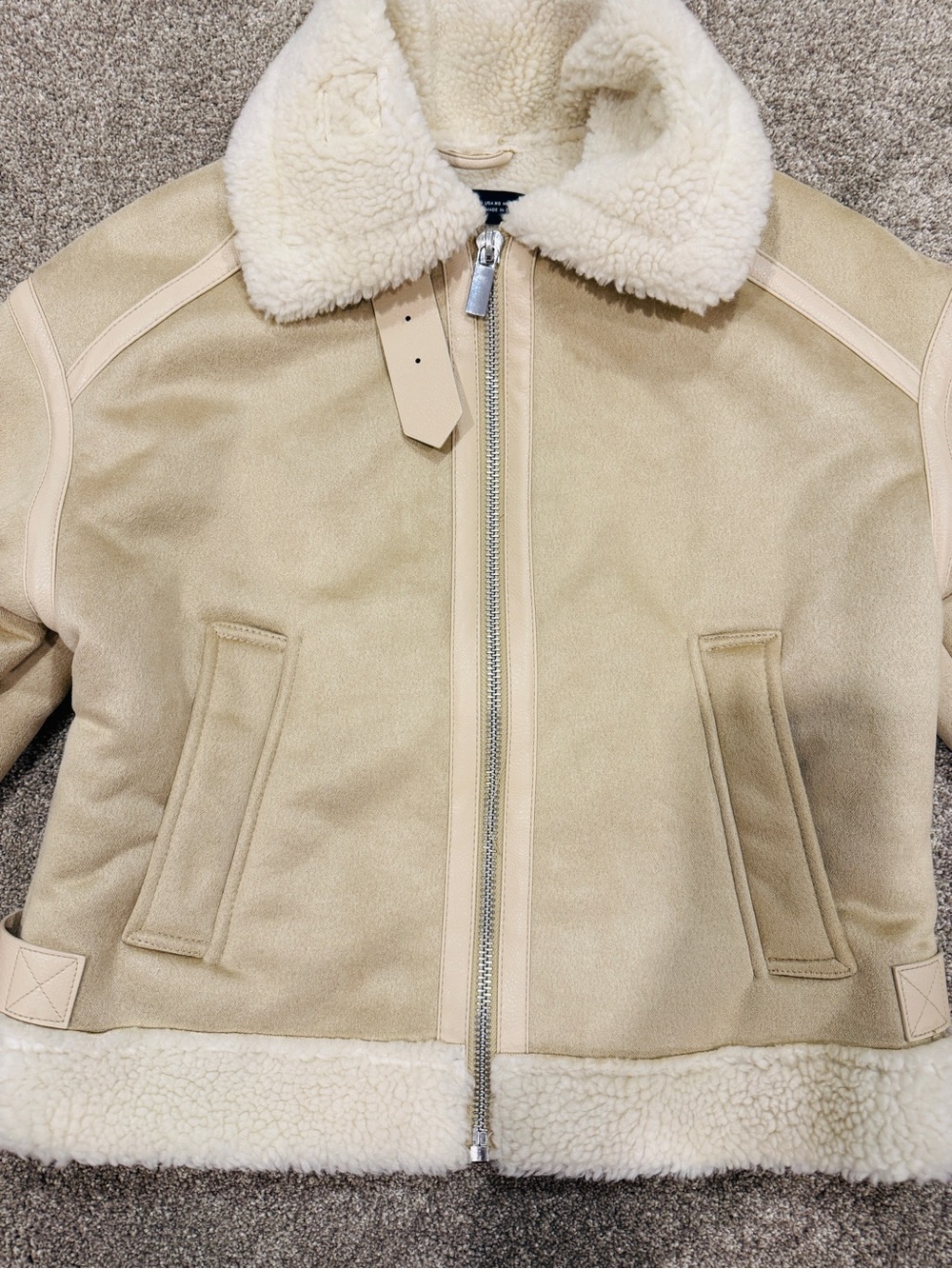 ZARA Double Faced Faux Suede Shearling Jacket Cream Beige Aviator Biker Size XS - Picture 5 of 11